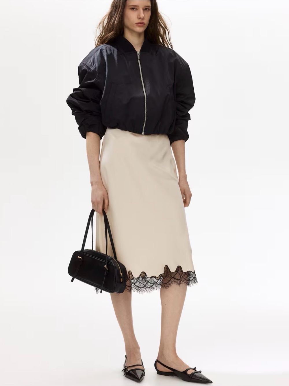 H&M Black Lace Trimmed Beige Satin Skirt Size Large NWT